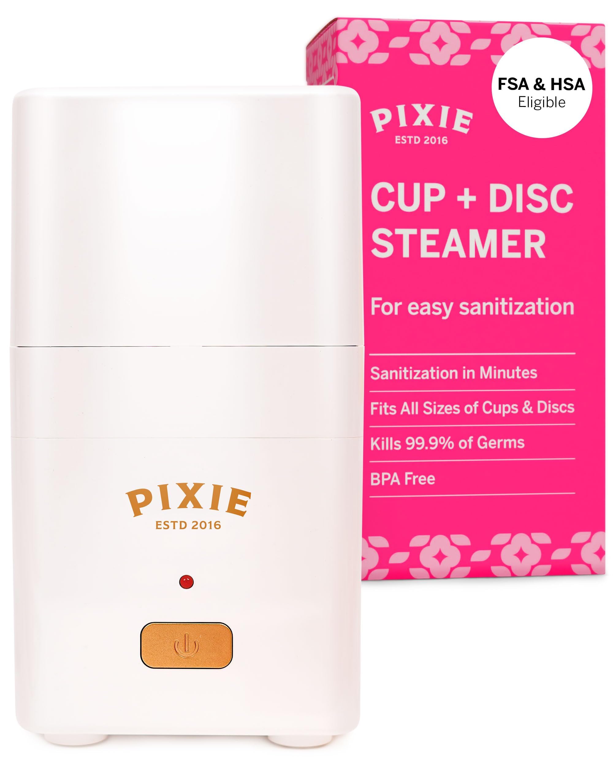 Pixie Cup steam cleaner front view showing compact design for dorm-friendly sterilization