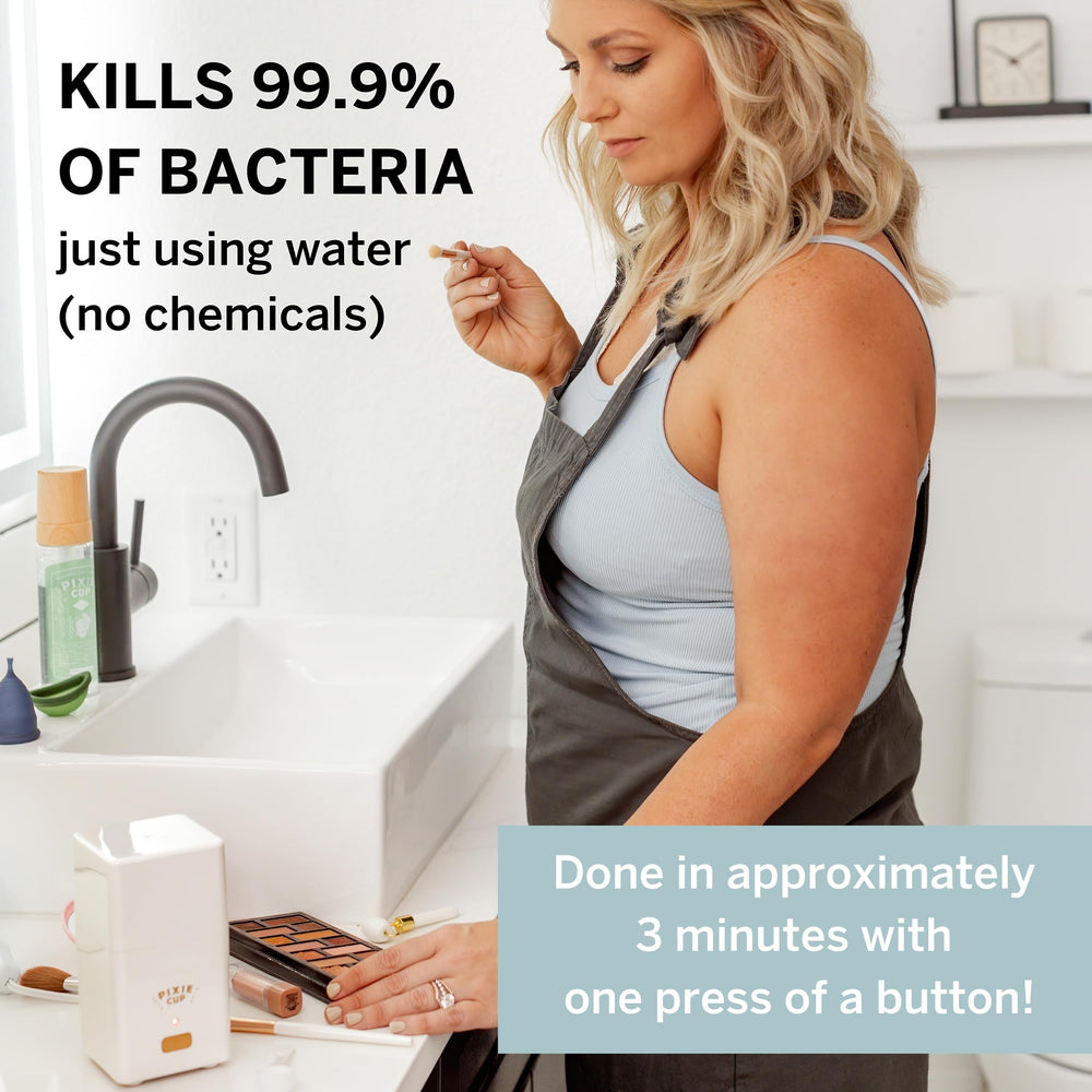 Pixie Cup steam cleaner lid-open image suggests quick setup and use