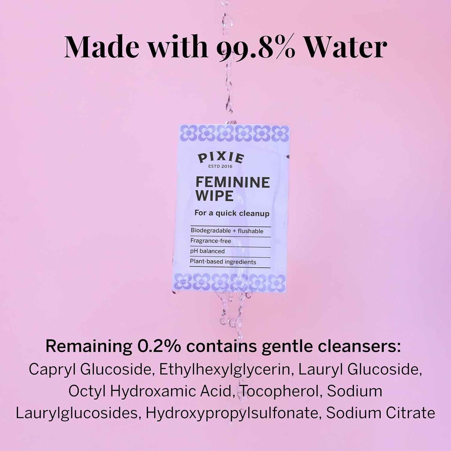 Pixie Cup water-based wipes with a gentle cleansing feel