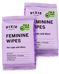 Pixie Cup Wipes pack front highlighting eco-friendly, flushable design for on-the-go cup care