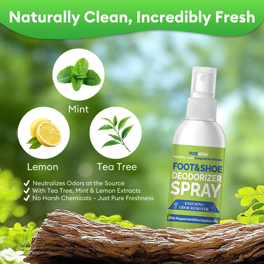 Pixiewink deodorizer bottle shows quick-dry application on shoes