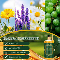 Pjordo lavender-arnica-chamomile ingredients highlight natural soothing blends for muscles.