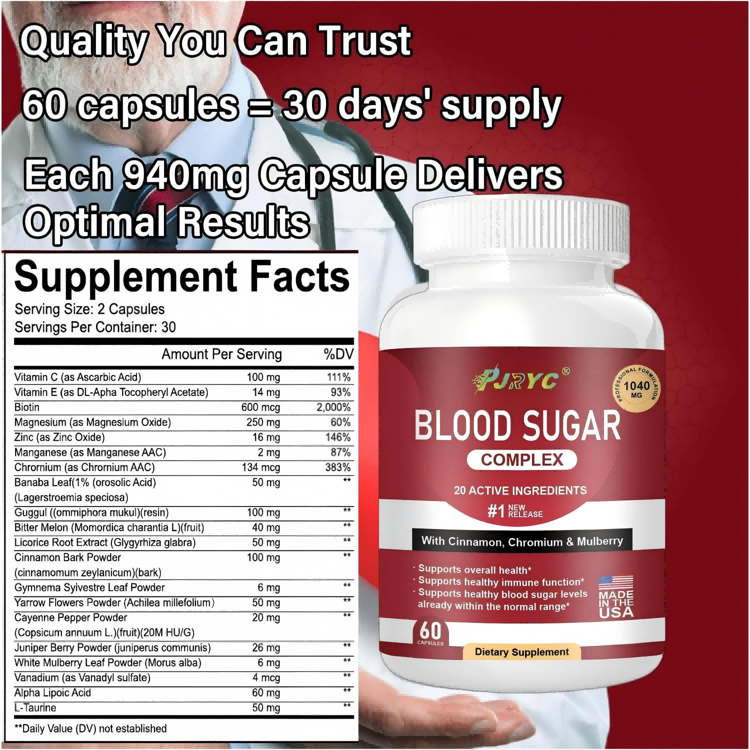 PJRYC Blood Sugar Complex lifestyle shot with capsules for daily routine.