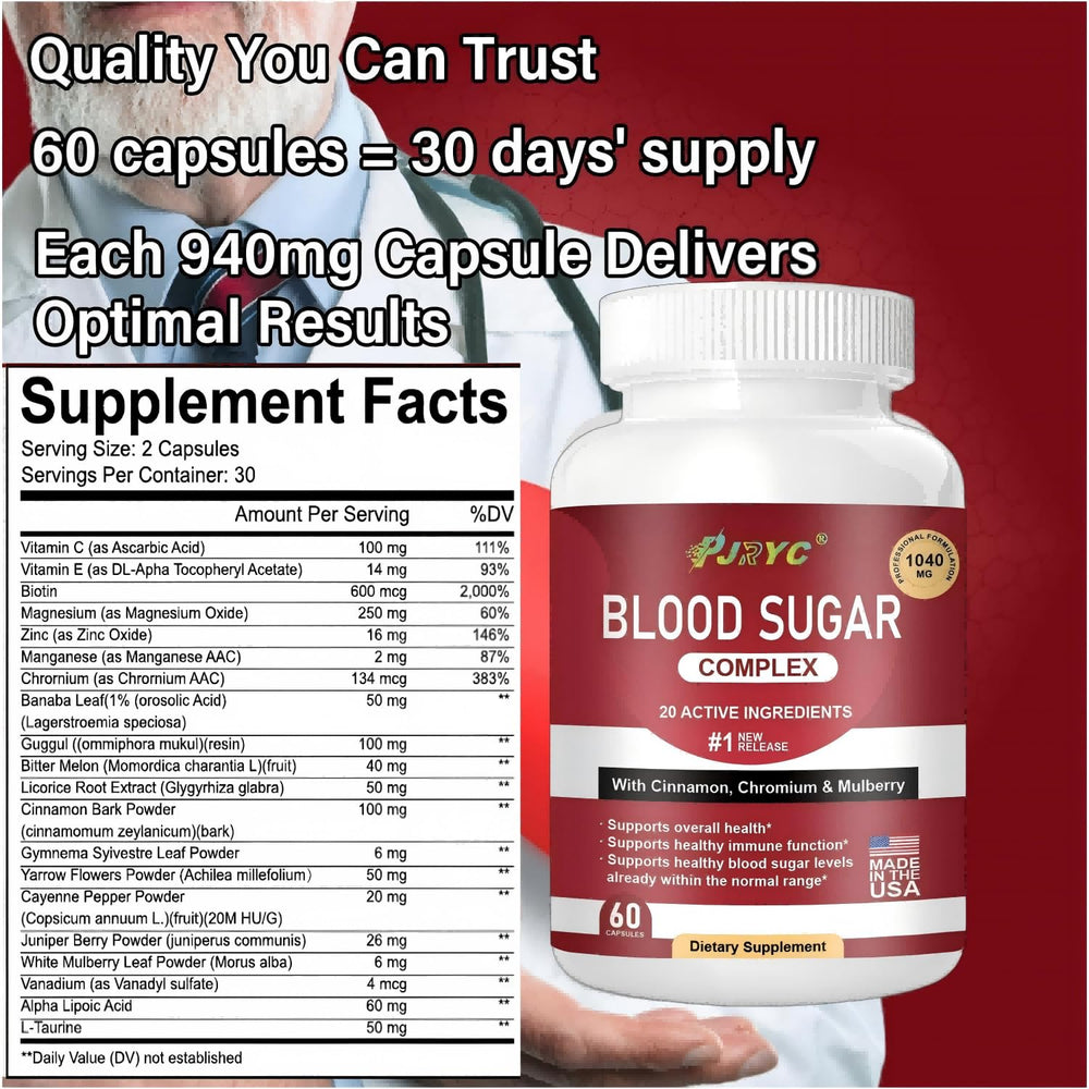 PJRYC Blood Sugar Complex lifestyle shot with capsules for daily routine.