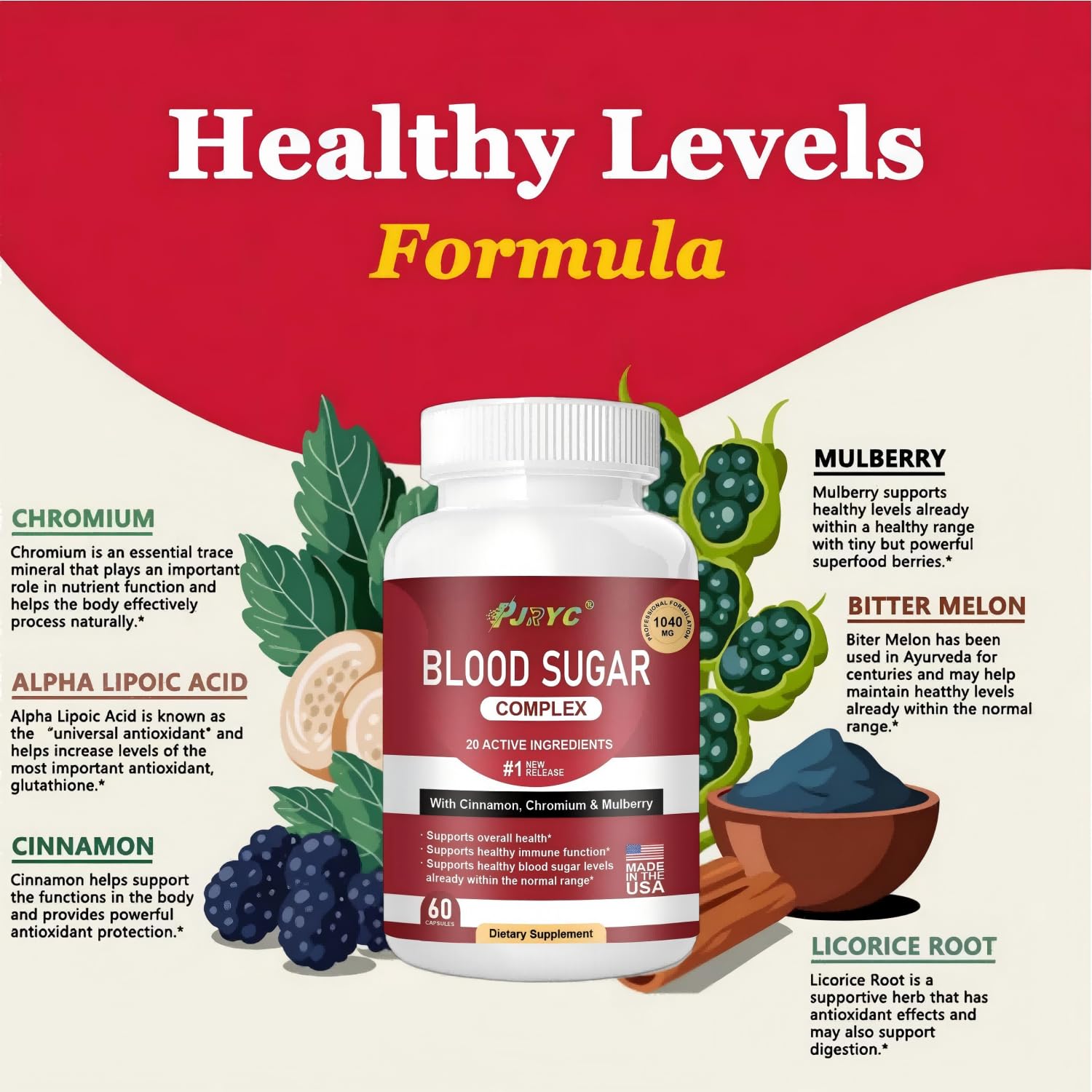 PJRYC Blood Sugar Complex label close-up highlighting key ingredients.