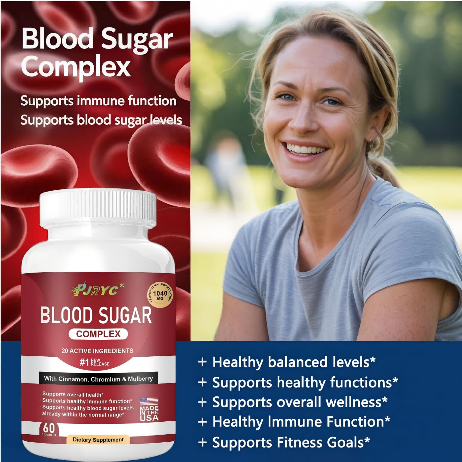 PJRYC Blood Sugar Complex natural ingredients with cinnamon and bitter melon.