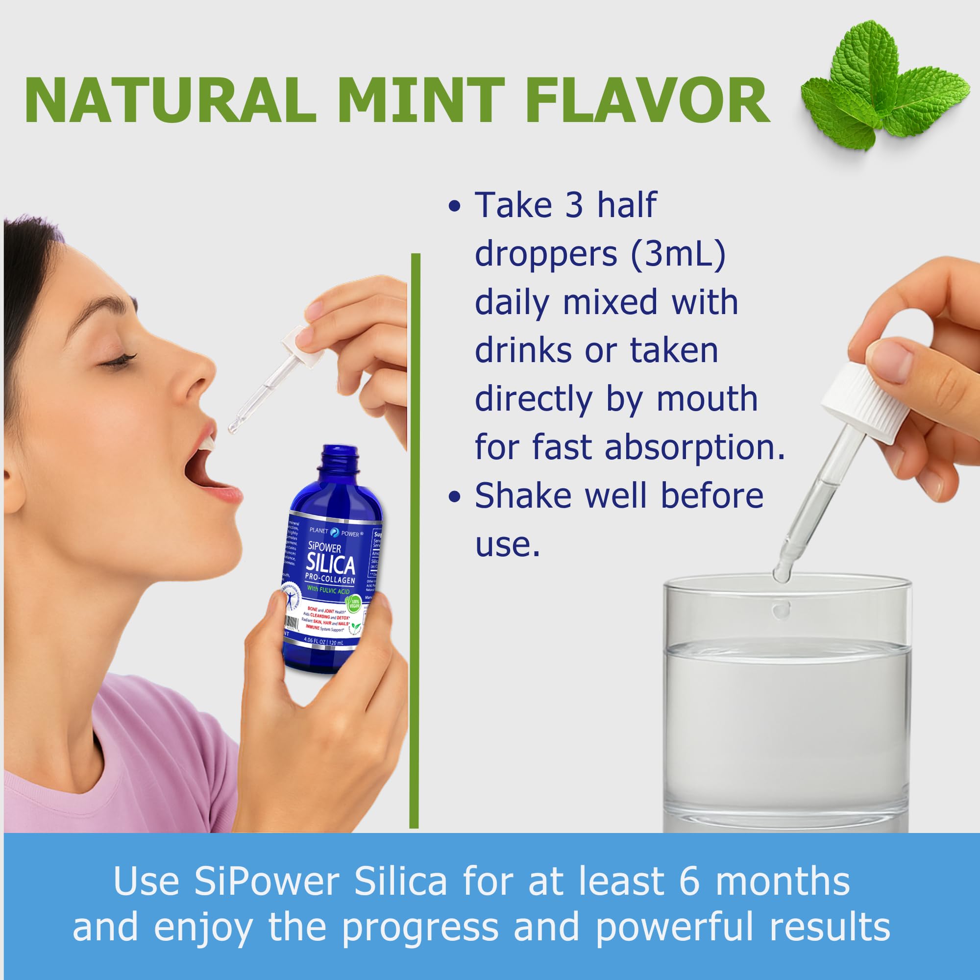 SiPower mint-flavor liquid in a glass bottle.