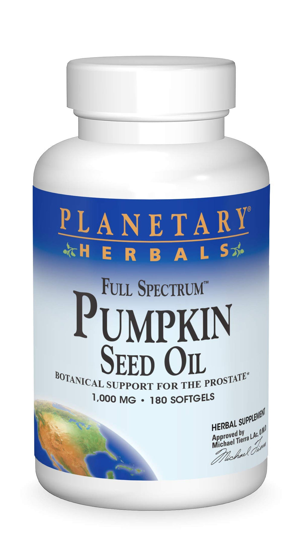 Planetary Herbals pumpkin seed oil bottle label highlighting a cold-pressed formula