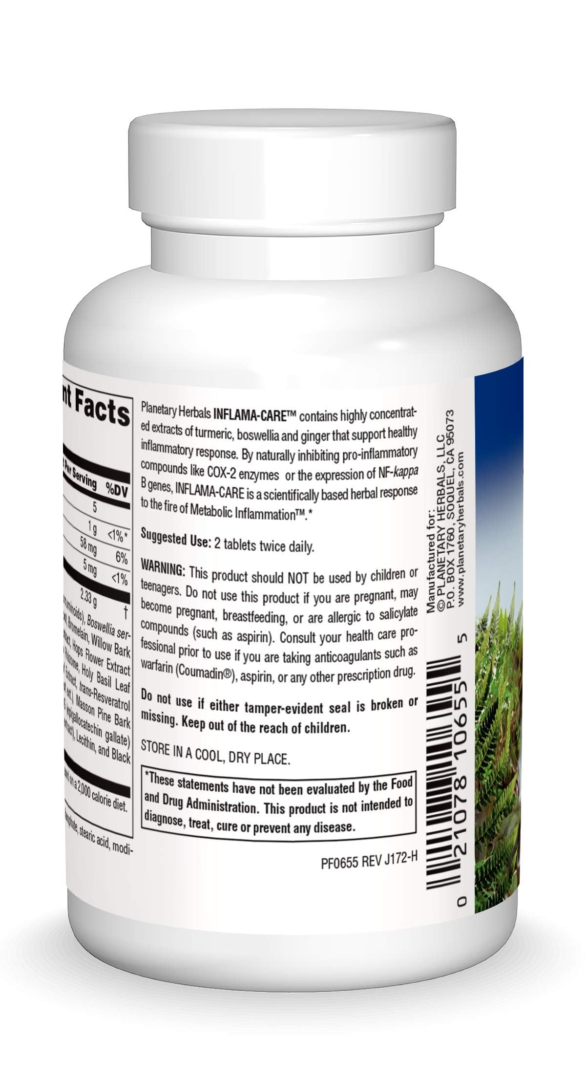 Planetary Herbals Inflama-Care label closeup highlighting key extracts for daily wellness.