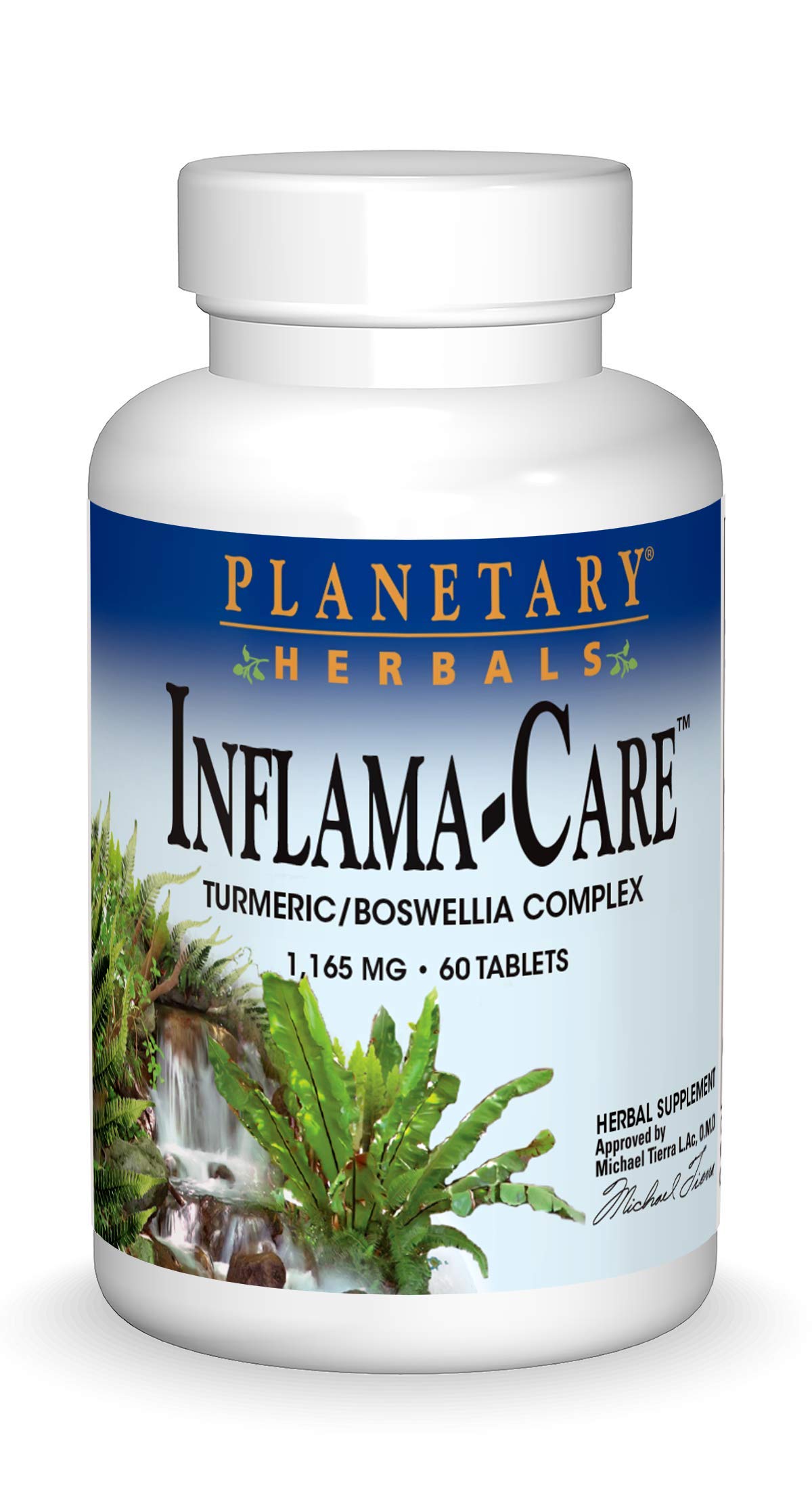 Planetary Herbals Inflama-Care bottle showing turmeric and boswellia for joint comfort.