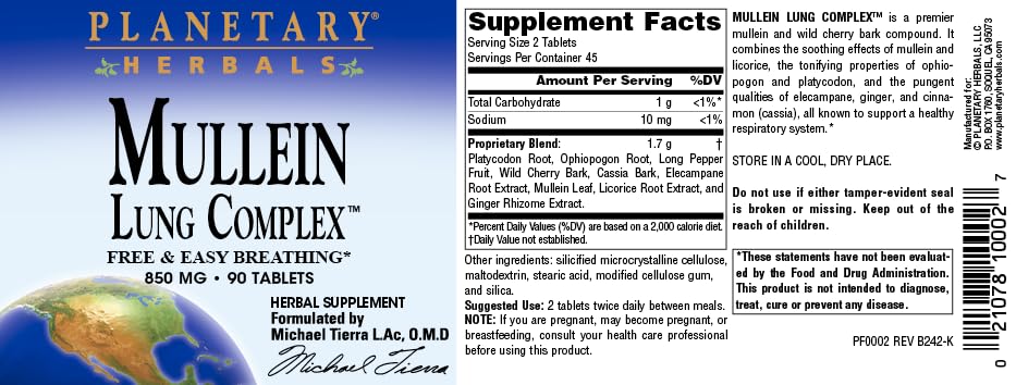 Packaging of Planetary Herbals Mullein Lung Complex emphasizes quality