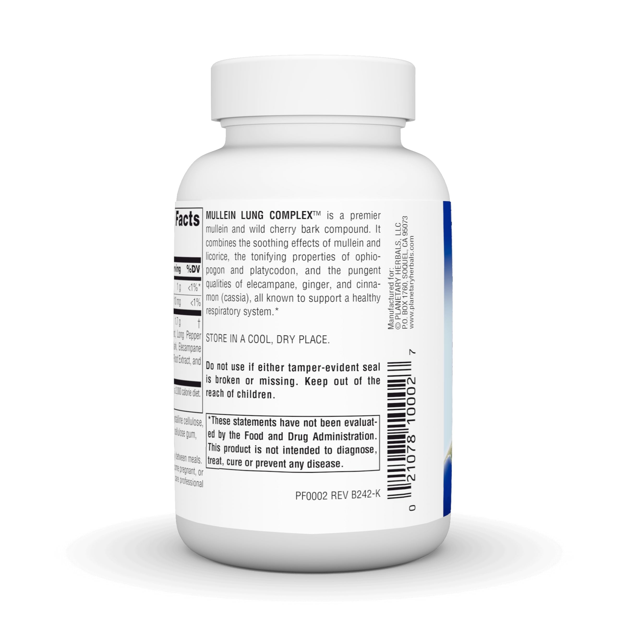 Tablets pouring from a bottle of Planetary Herbals Mullein Lung Complex
