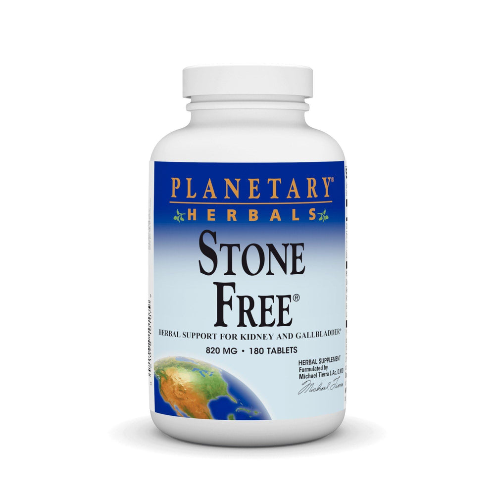 Planetary Herbals Stone Free with fresh herbs backdrop—detox and cleansing benefits.