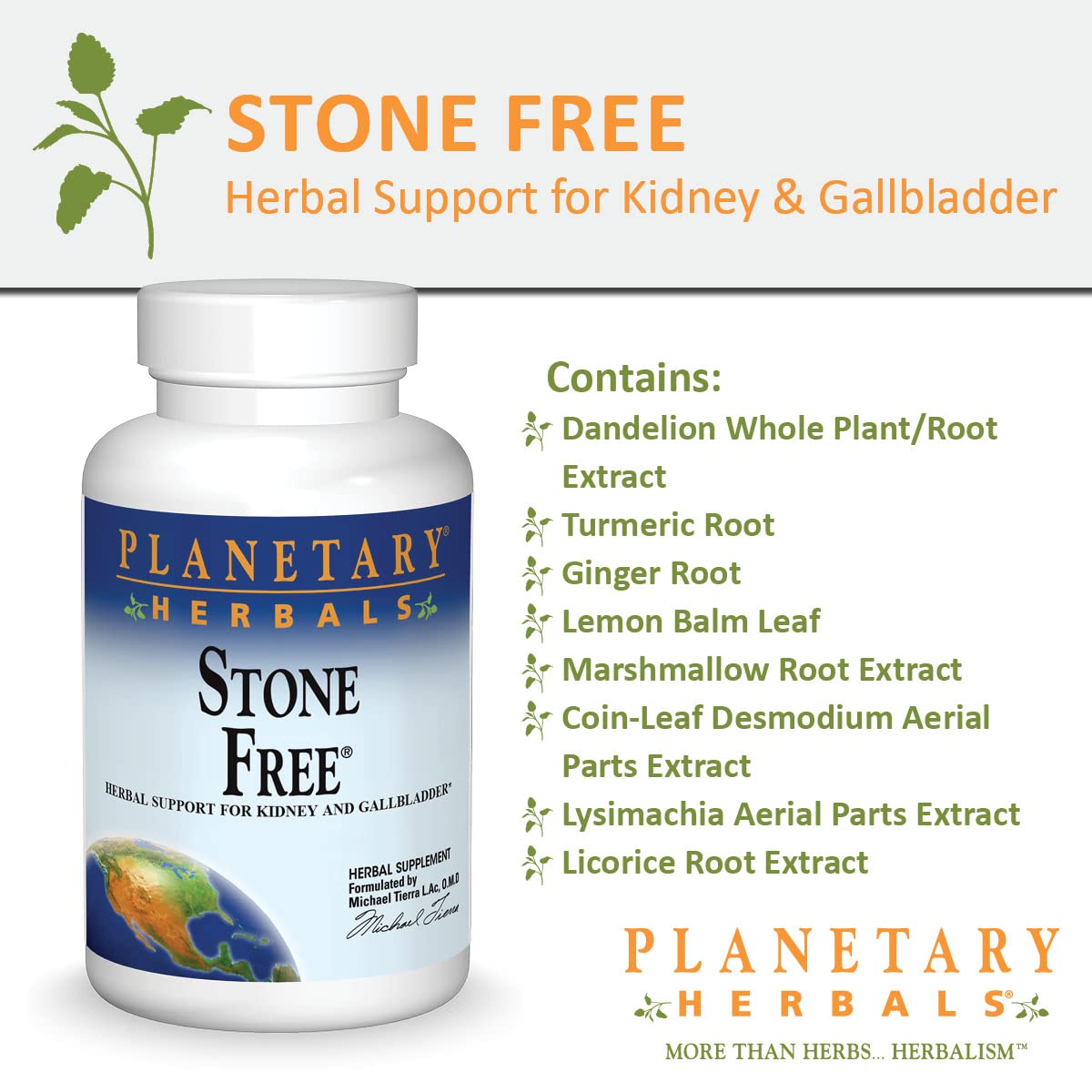 Planetary Herbals Stone Free ingredients collage—turmeric, dandelion, lemon balm aid digestion.
