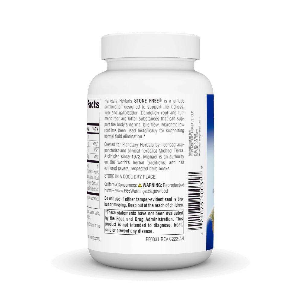 Planetary Herbals Stone Free, caja expuesta destacando fórmula para el cuidado hepático.