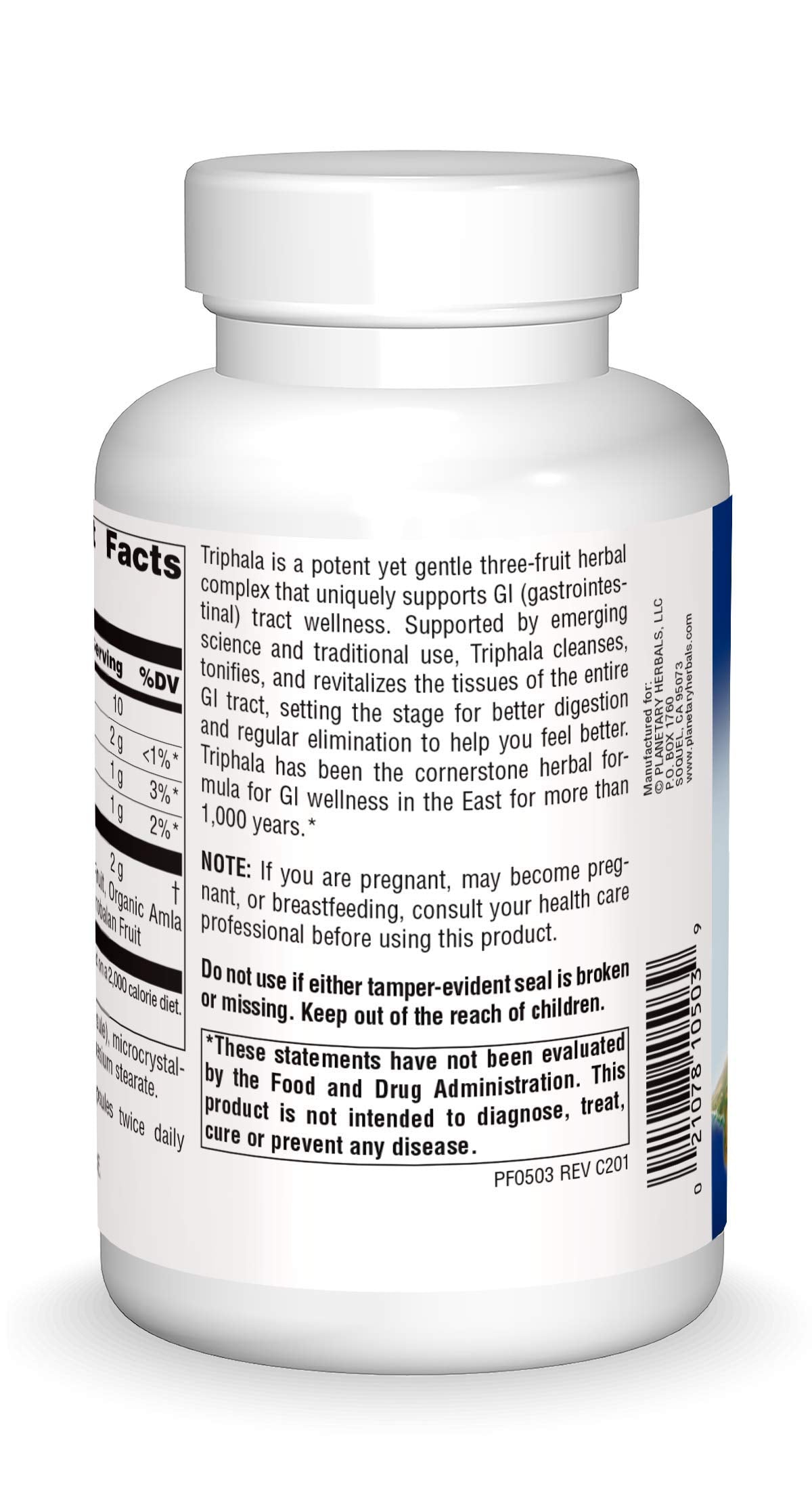 Planetary Herbals Triphala capsules closeup for easy GI support.