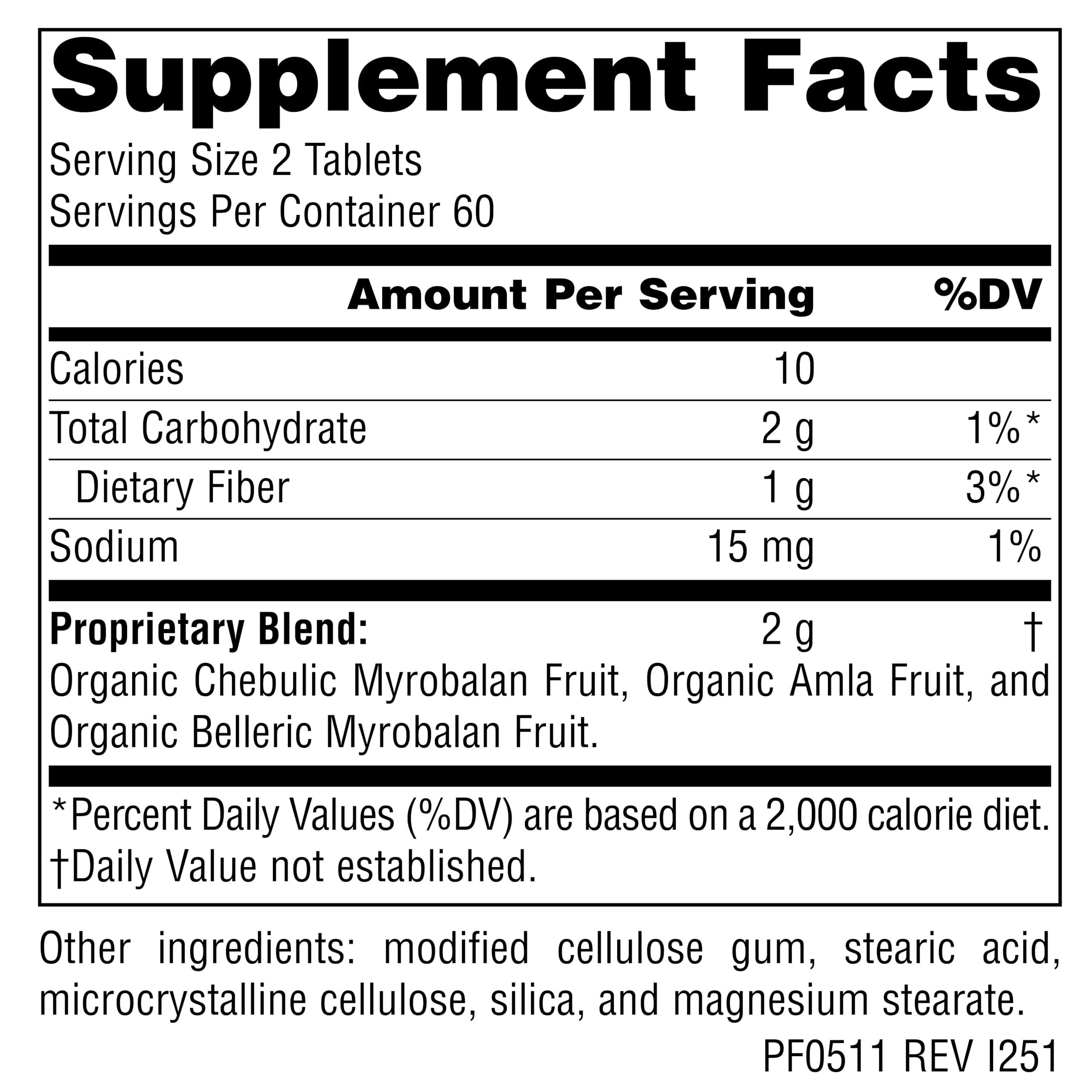 Planetary Herbals Triphala Gold bottle-back lists servings and directions for balanced use.