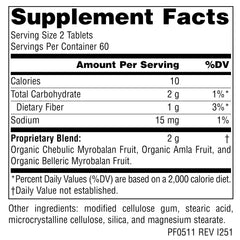 Planetary Herbals Triphala Gold bottle-back lists servings and directions for balanced use.