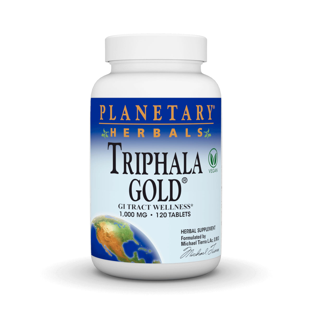 Planetary Herbals Triphala Gold bottle-front shows branding and tablet form for daily digestion support.