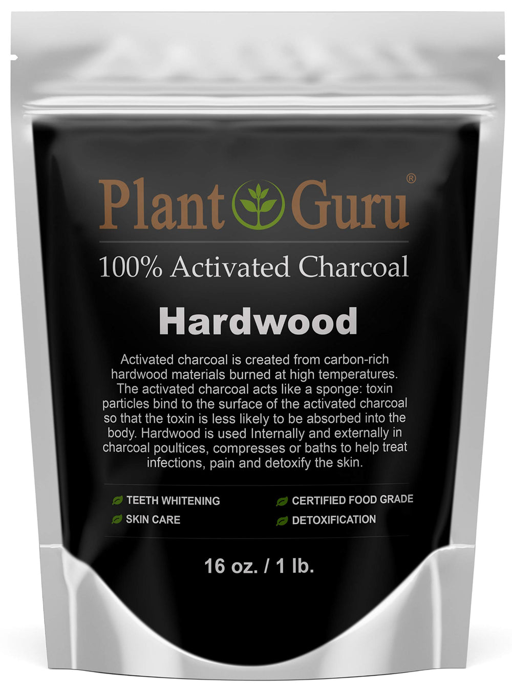 Plant Guru activated charcoal powder 1lb packaging for versatile, food-grade use.