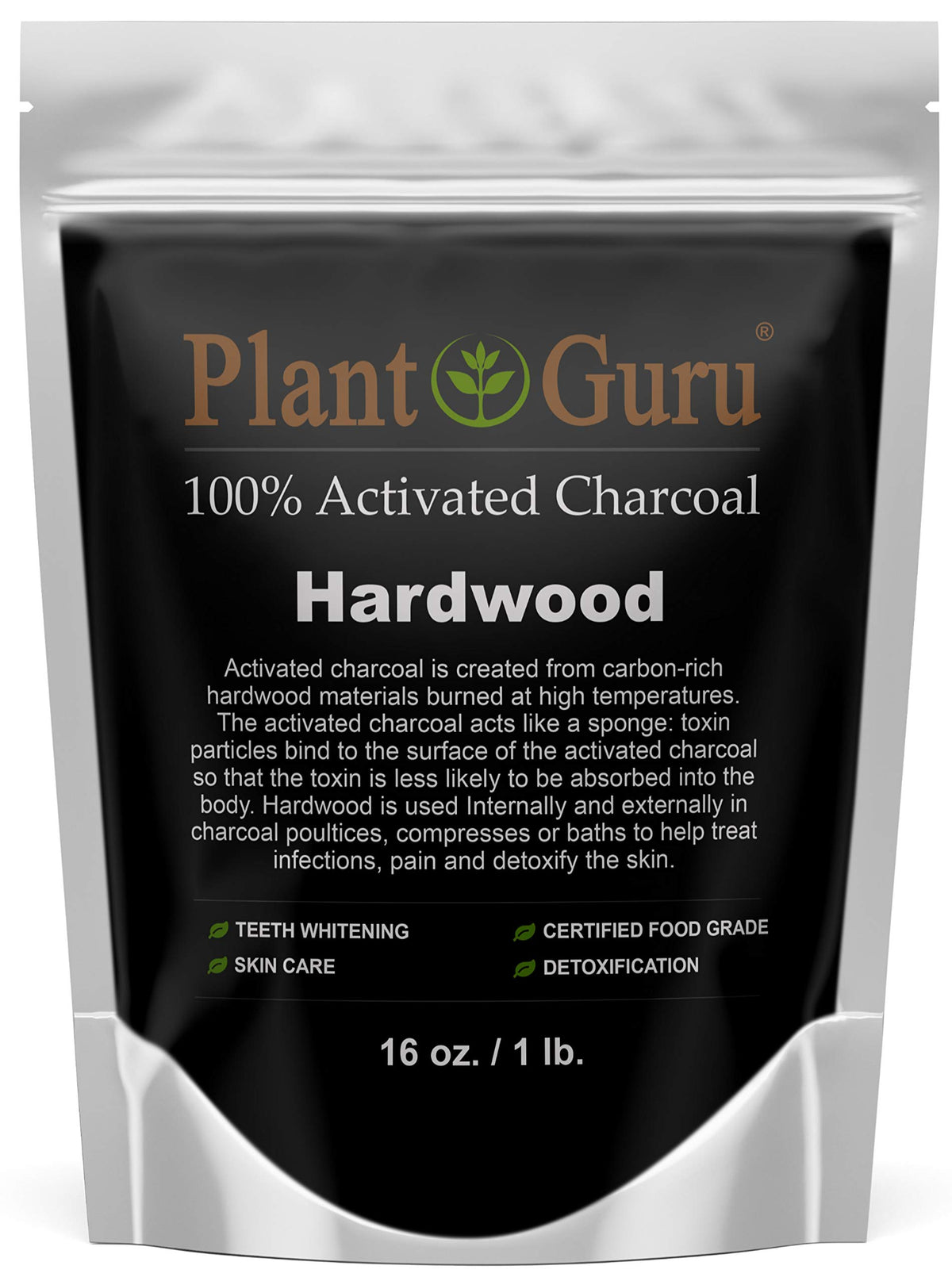 Plant Guru activated charcoal powder 1lb packaging for versatile, food-grade use.