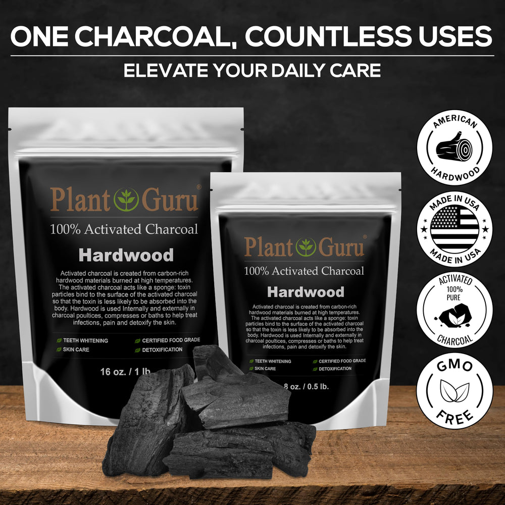 Plant Guru charcoal powder being scooped, easy to measure for skincare and DIY detox.