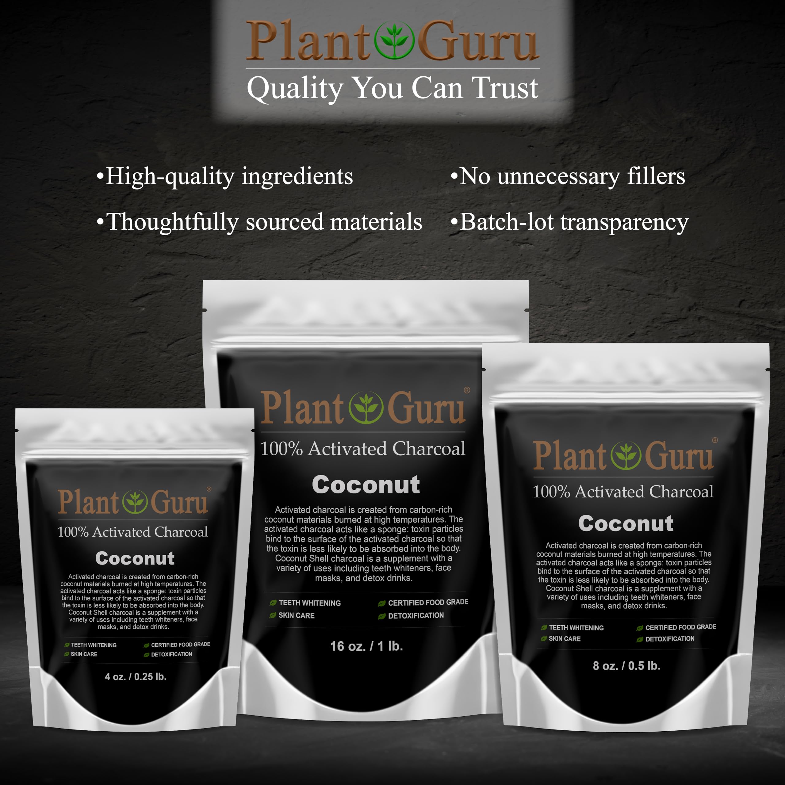 Plant Guru carbón activado coco textura cosmética: polvo fino para cosmética DIY.