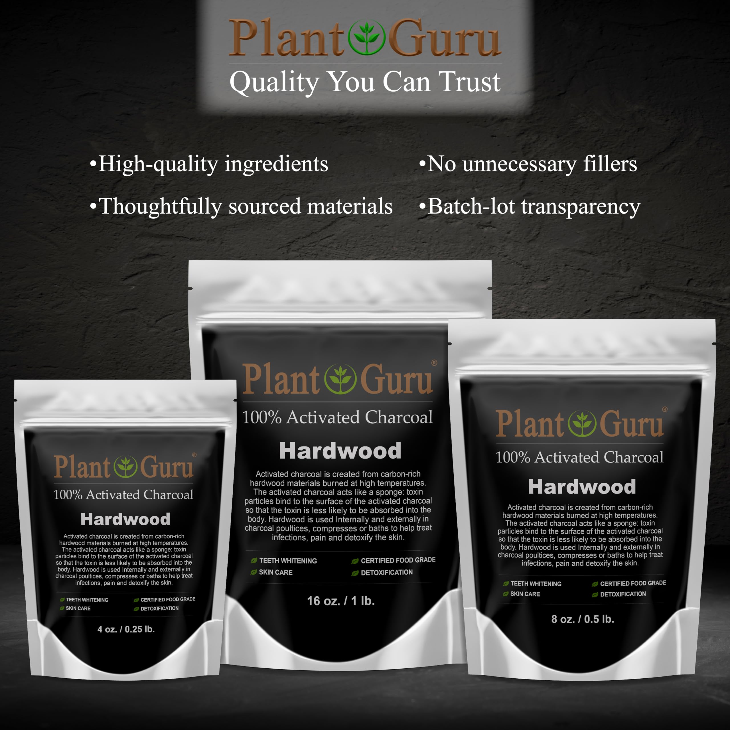 Plant Guru hardwood-derived charcoal powder, a natural detox and skincare ingredient.