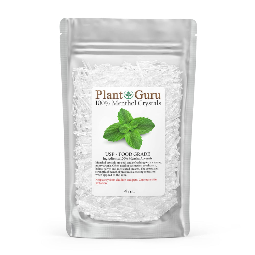 Plant Guru Menthol Crystals in a 4 oz bottle for cosmetics and soaps.