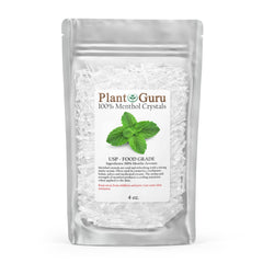 Plant Guru Menthol Crystals in a 4 oz bottle for cosmetics and soaps.