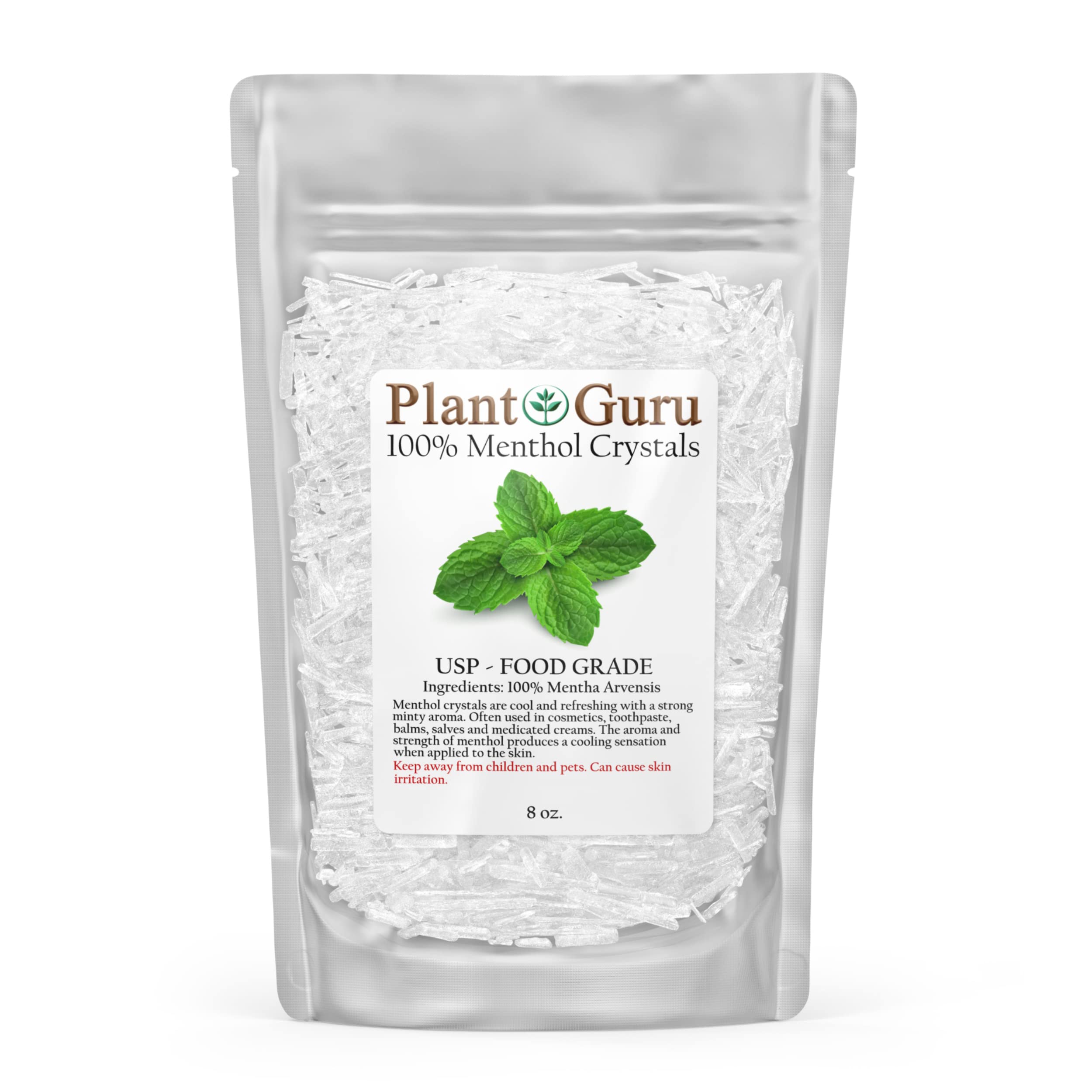 Plant Guru menthol crystals 8 oz for cosmetic projects and soaps.
