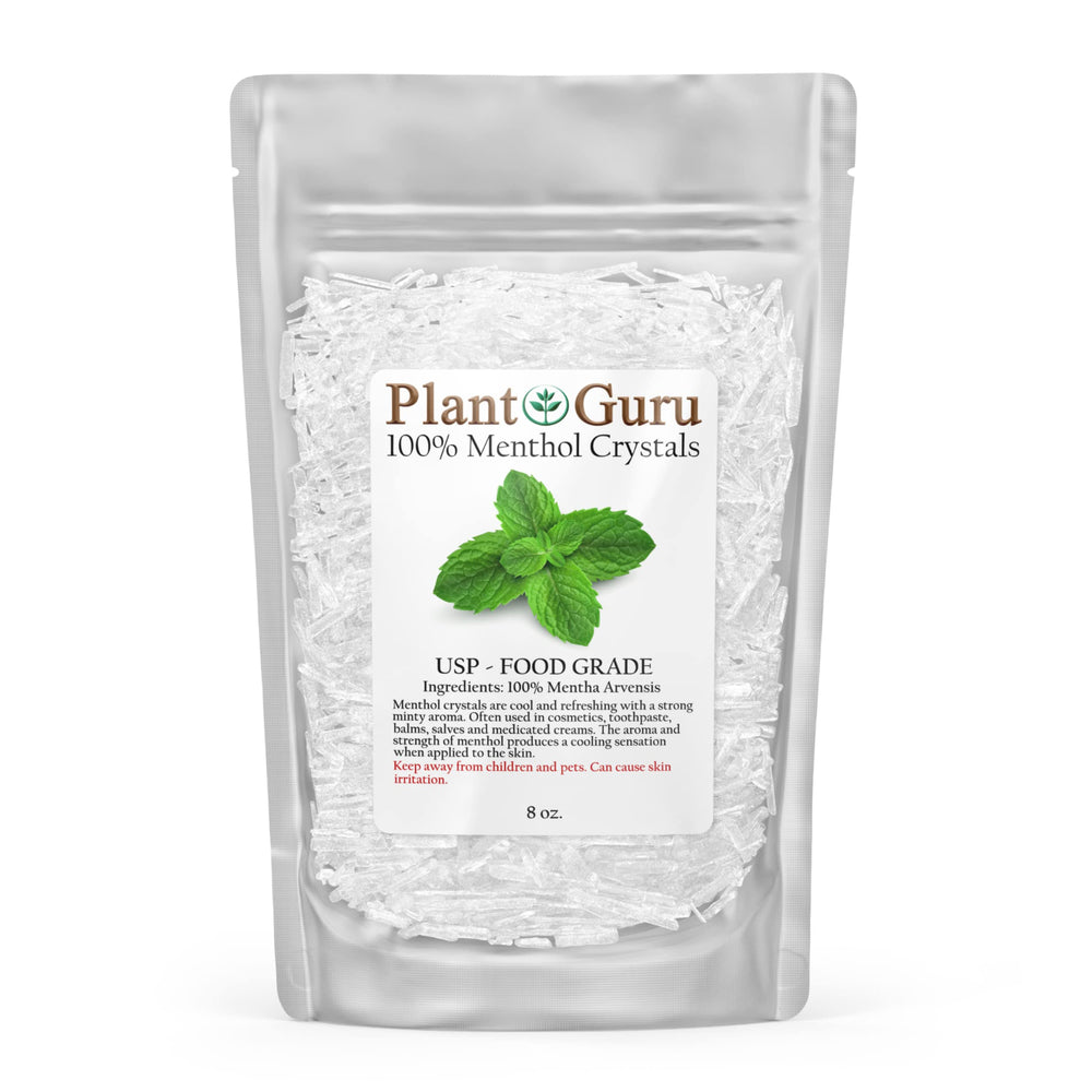 Plant Guru menthol crystals 8 oz for cosmetic projects and soaps.