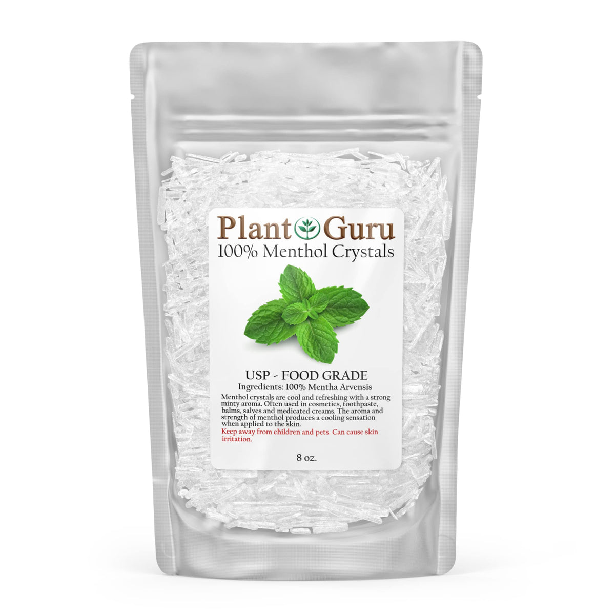 Plant Guru menthol crystals 8 oz for cosmetic projects and soaps.