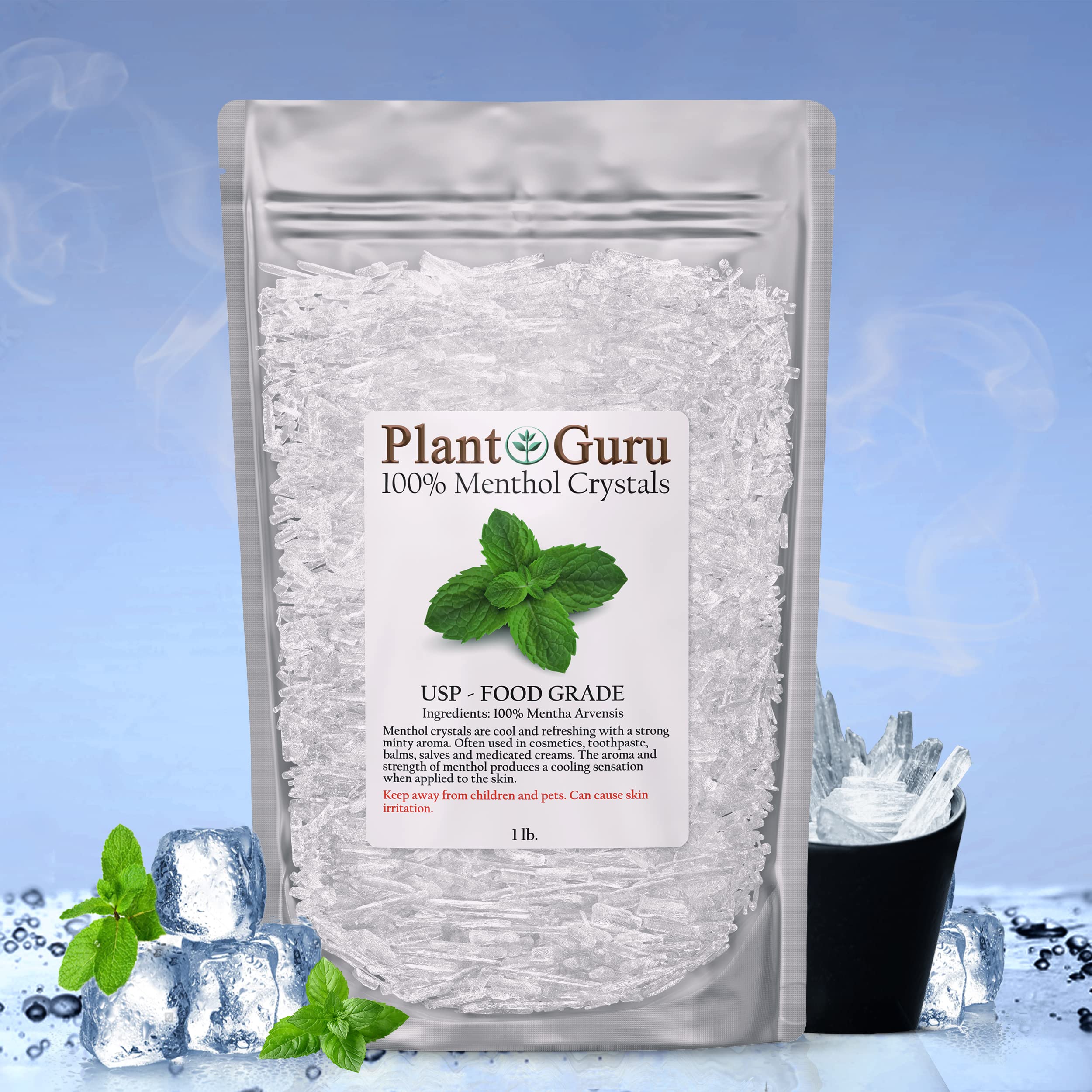 Plant Guru Menthol Crystals shown with a diffuser for a mint aroma.