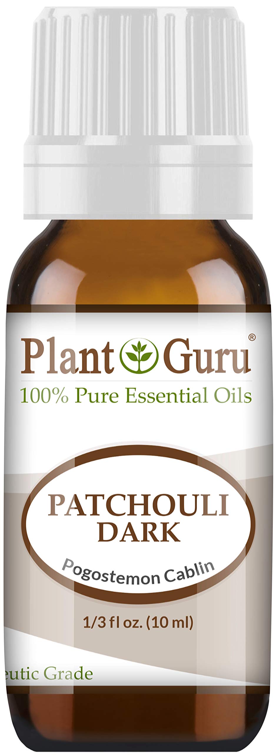 Plant Guru Patchouli essential oil, dark bottle, ideal for grounding aromatherapy and home fragrance.