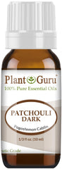 Plant Guru Patchouli essential oil, dark bottle, ideal for grounding aromatherapy and home fragrance.