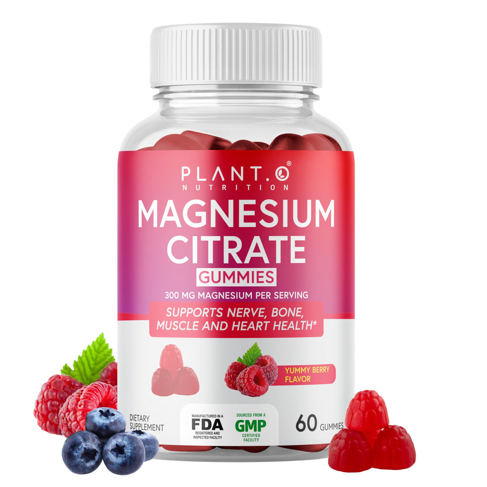 PLANT.O NUTRITION Calm Magnesium Gummies bottle in raspberry flavor for daily relaxation.