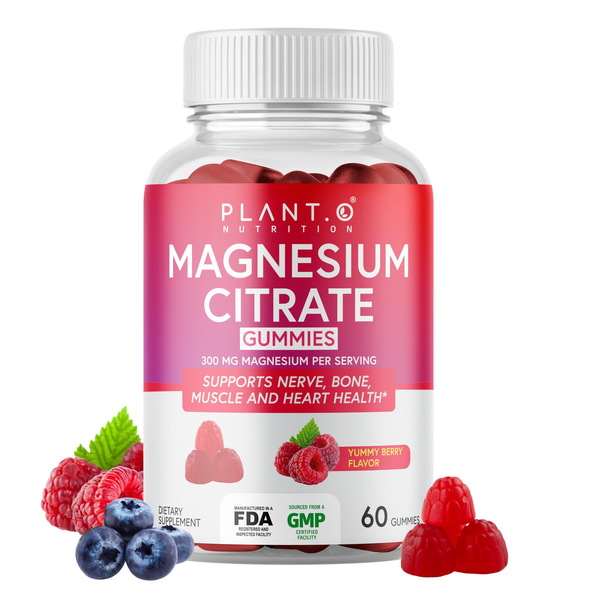 PLANT.O NUTRITION Calm Magnesium Gummies bottle in raspberry flavor for daily relaxation.