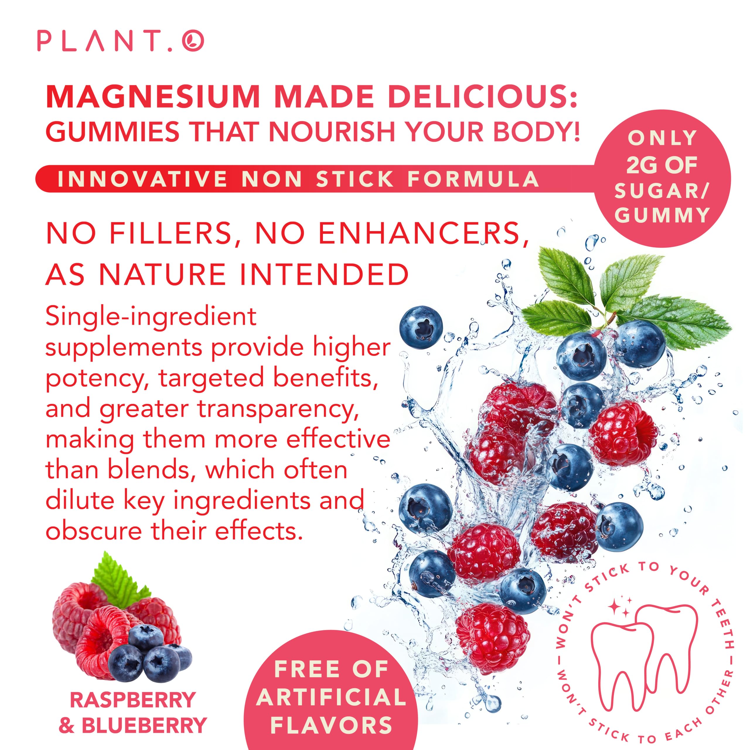 PLANT.O NUTRITION Calm Magnesium Gummies serving with 300 mg magnesium citrate per gummy.