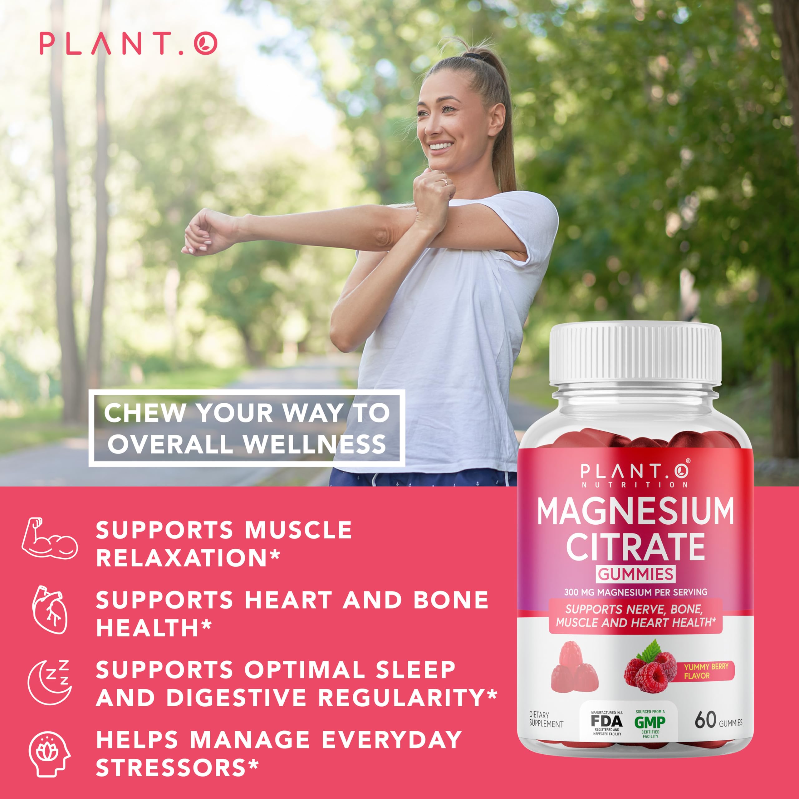 PLANT.O NUTRITION Calm Magnesium Gummies raspberry texture for easy daily use.