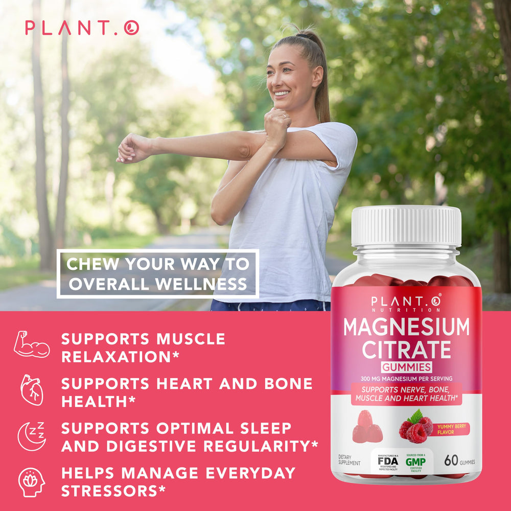 PLANT.O NUTRITION Calm Magnesium Gummies raspberry texture for easy daily use.
