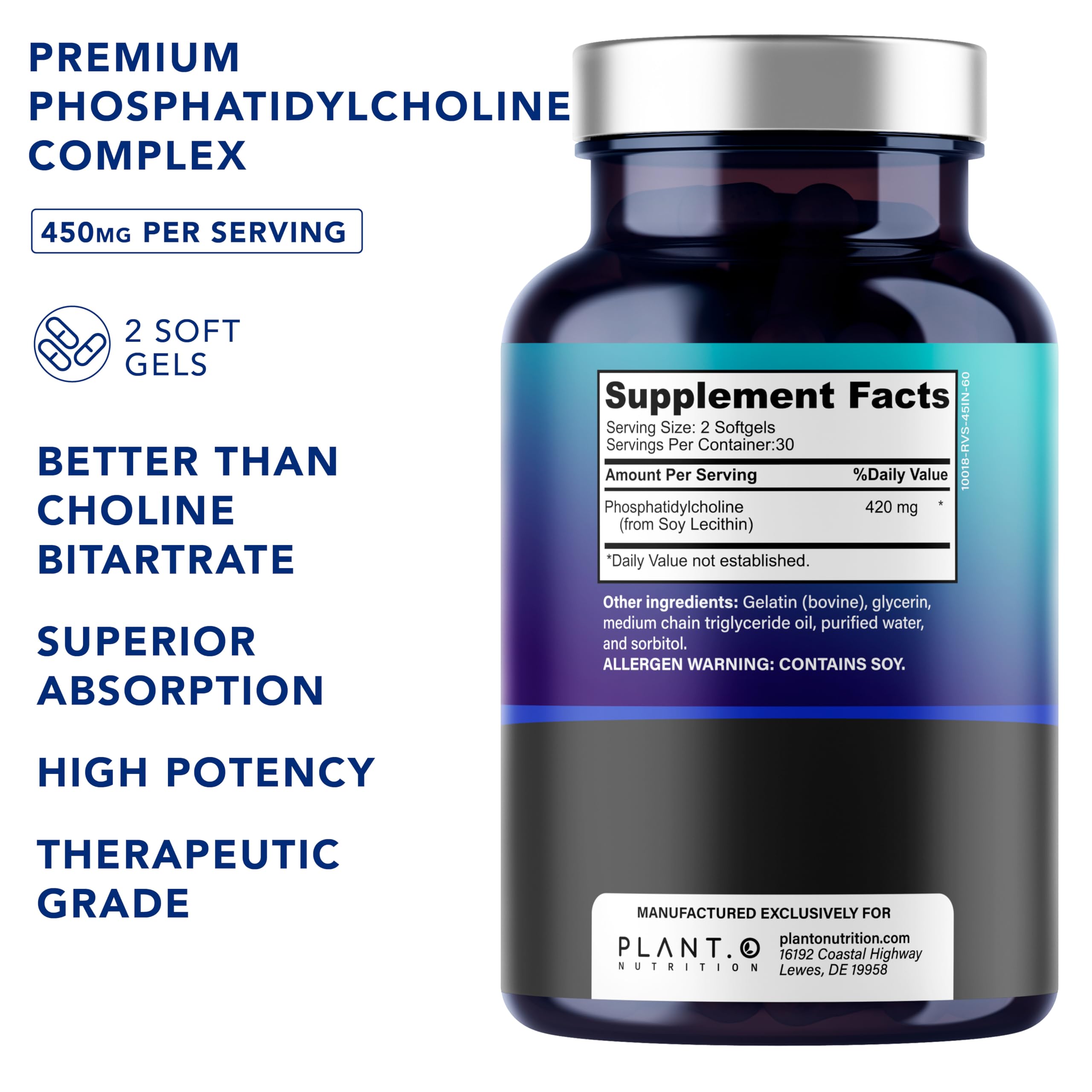 Closeup of PLANT.O NUTRITION choline phosphatidylcholine capsules