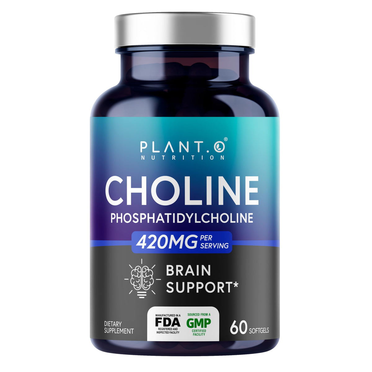 PLANT.O NUTRITION softgels bottle showing high-potency choline for cognitive support