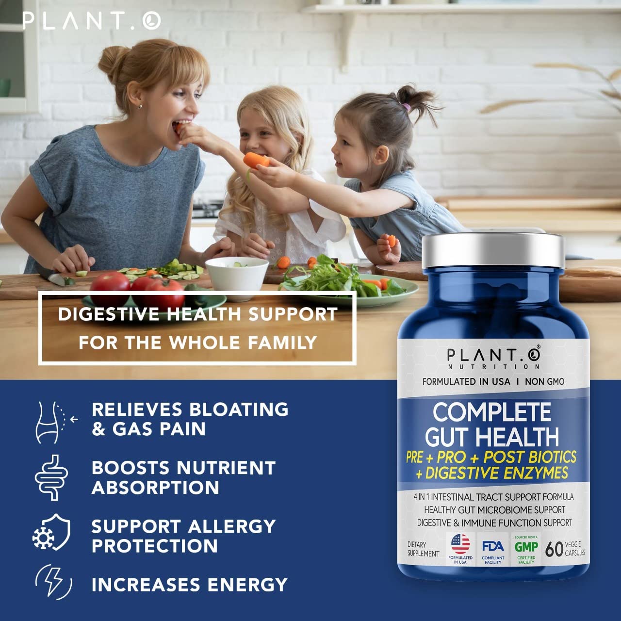 PLANT.O NUTRITION Front label highlights 4-in-1 formula for holistic gut support.