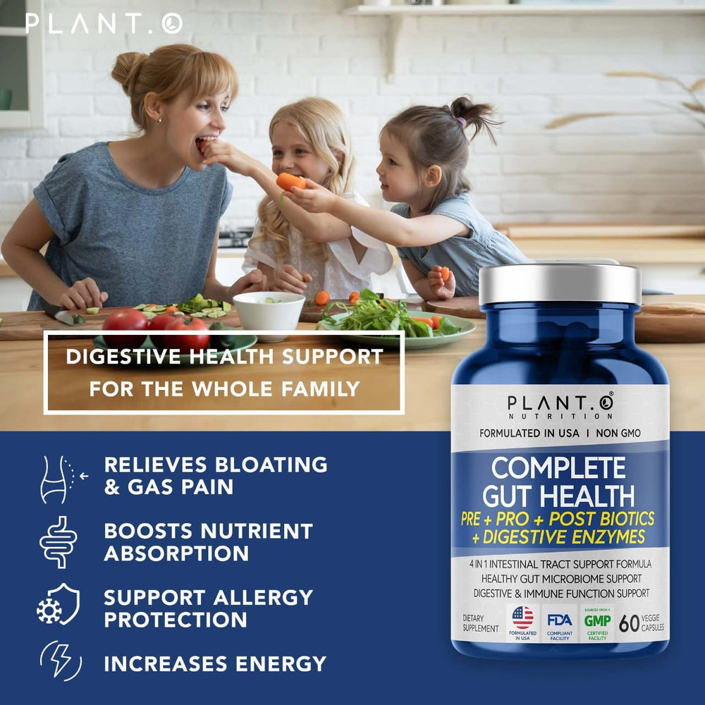 PLANT.O NUTRITION Front label highlights 4-in-1 formula for holistic gut support.