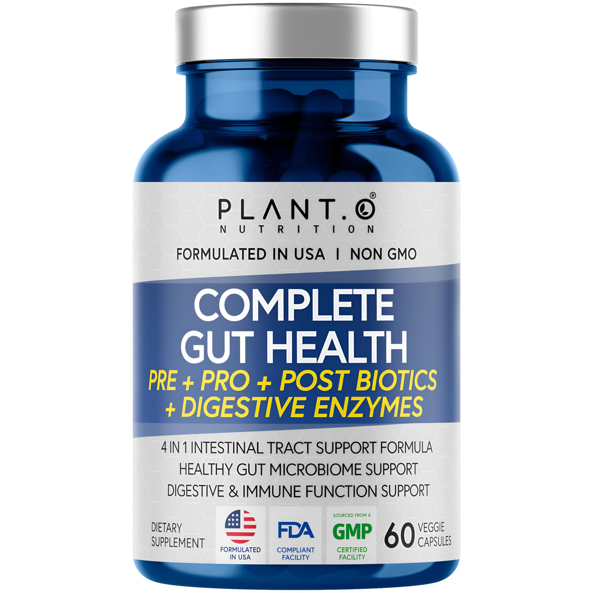 PLANT.O NUTRITION Gut Complex bottle showcases capsules for daily gut support and digestion.