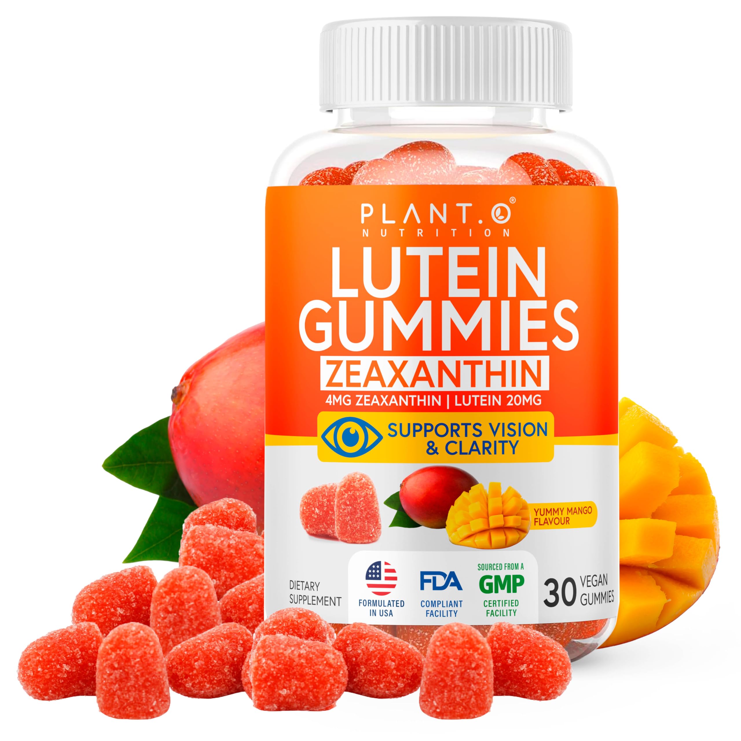 Plant.O Nutrition Lutein and Zeaxanthin Gummies bottle front for daily eye support.
