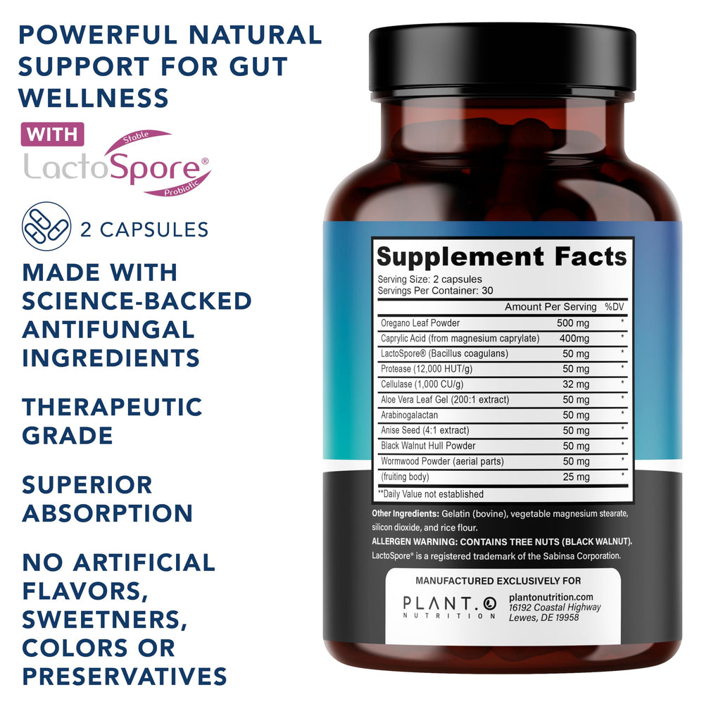 Plant.O Nutrition Candida Cleanse capsules close-up showing two-per-day serving
