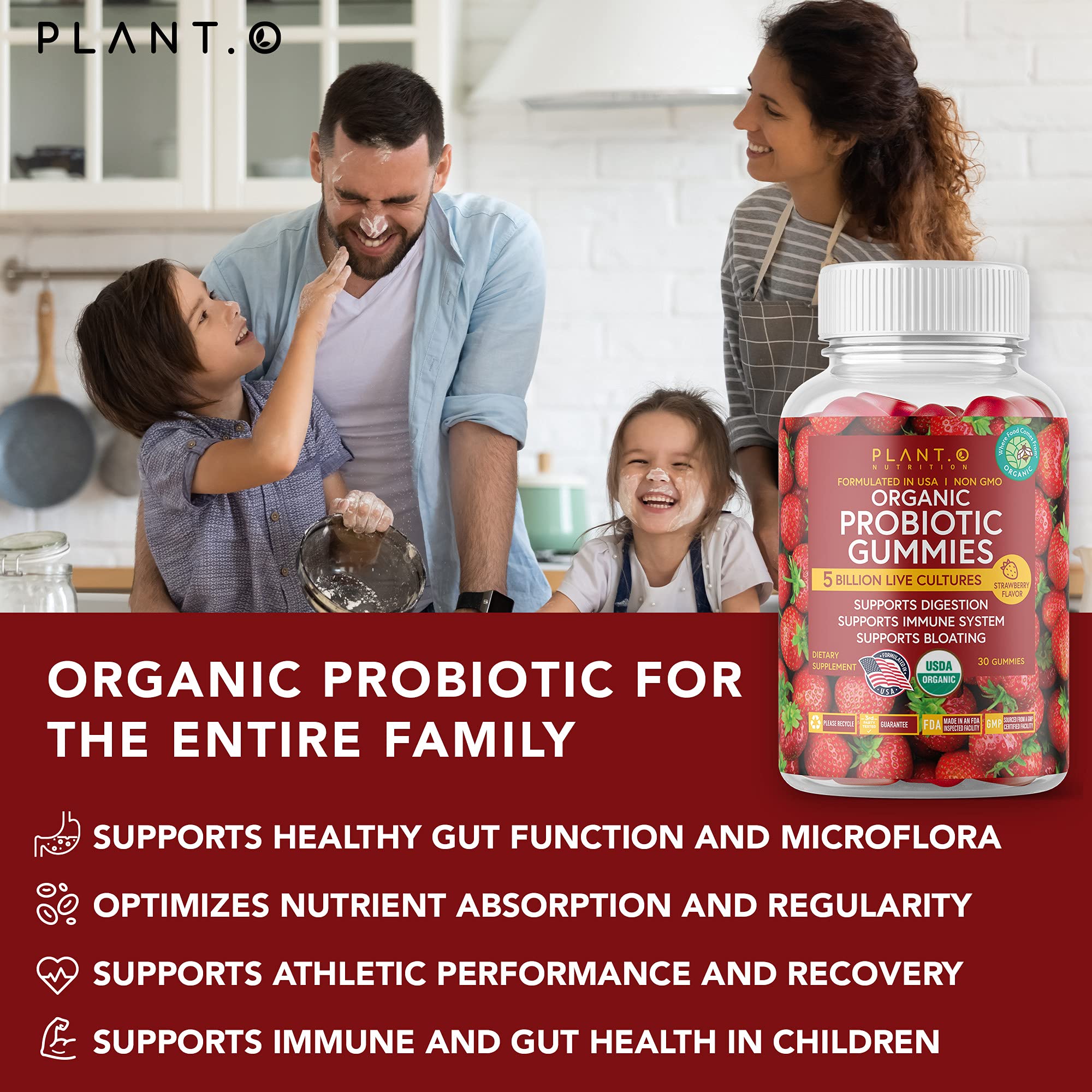 Plant.O Nutrition probiotic gummies organic label highlighting vegan non-GMO ingredients