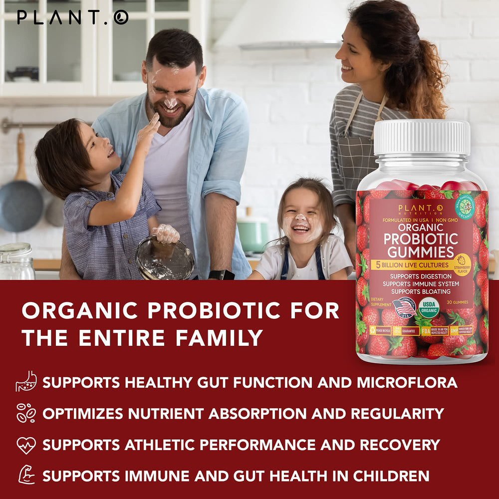 Plant.O Nutrition probiotic gummies organic label highlighting vegan non-GMO ingredients